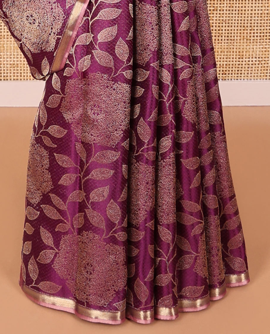 Violet checked, floral design kanchipuram designer silk saree with self zari border & intricate zari design pallu
