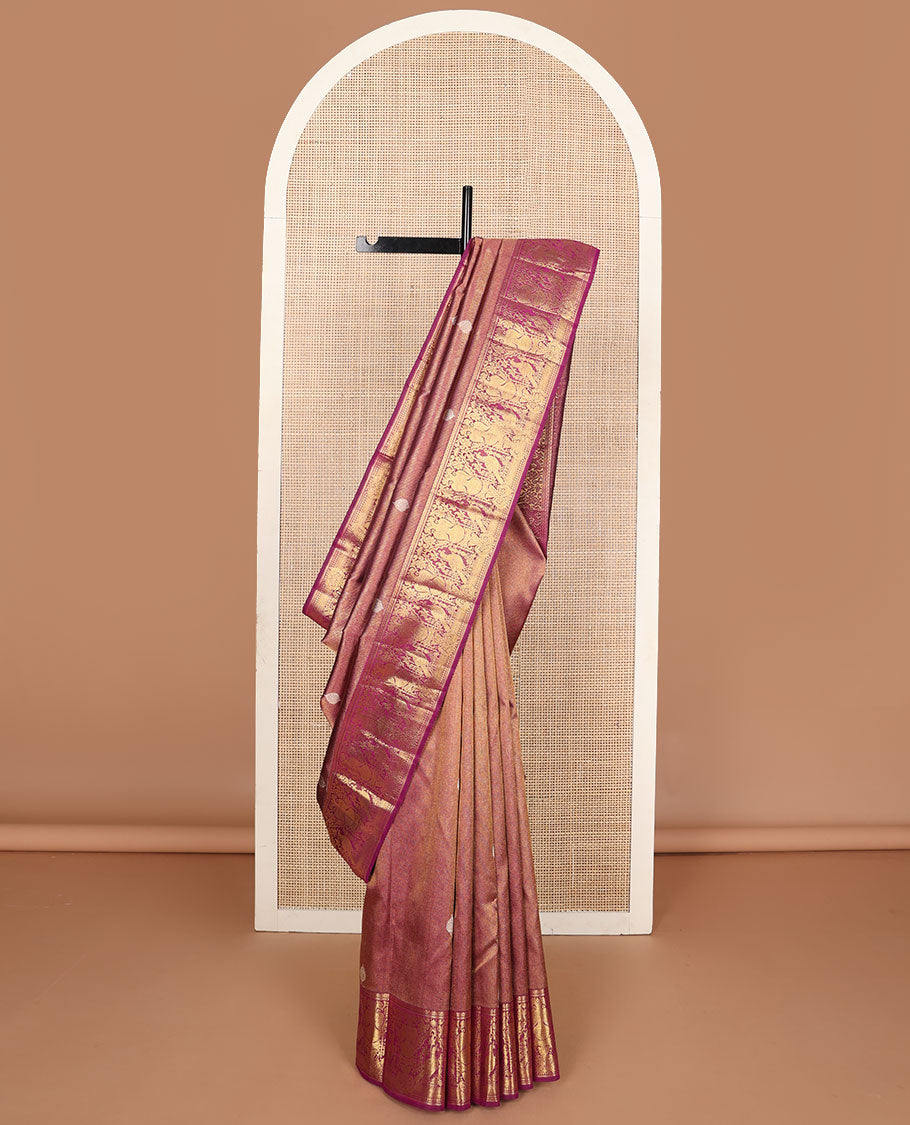 Maroon zari buttas silk saree, zari border of muthu, mayil kann, mayil, kili & iruthalai pakshi design & jaal pallu