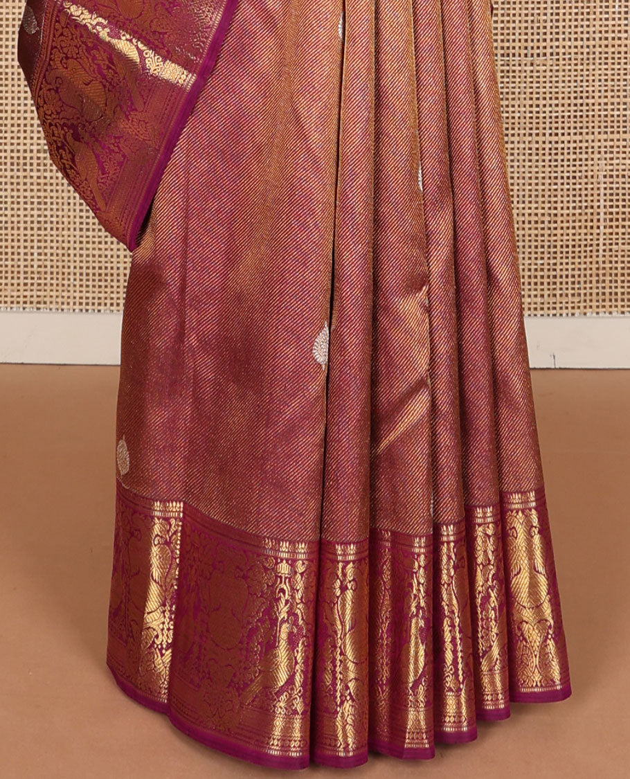 Maroon zari buttas silk saree, zari border of muthu, mayil kann, mayil, kili & iruthalai pakshi design & jaal pallu