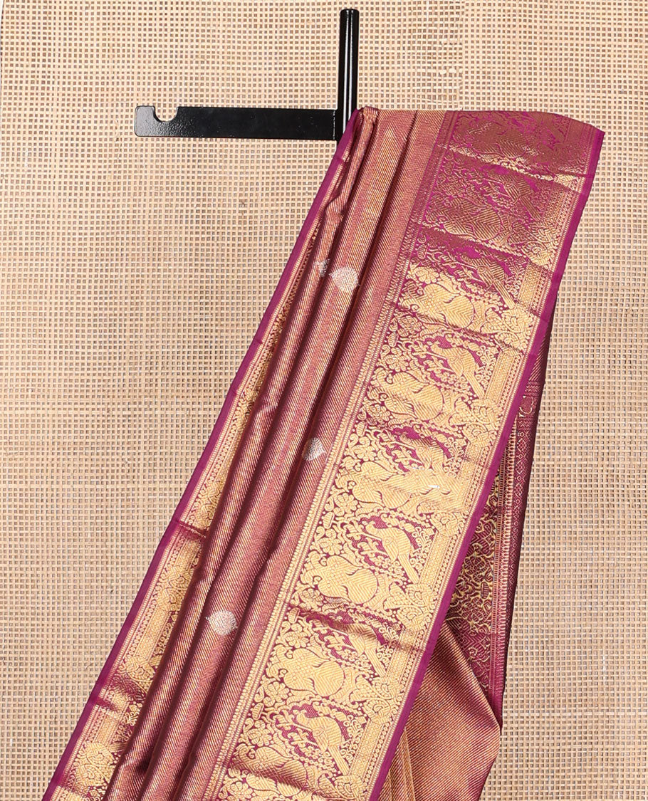 Maroon zari buttas silk saree, zari border of muthu, mayil kann, mayil, kili & iruthalai pakshi design & jaal pallu