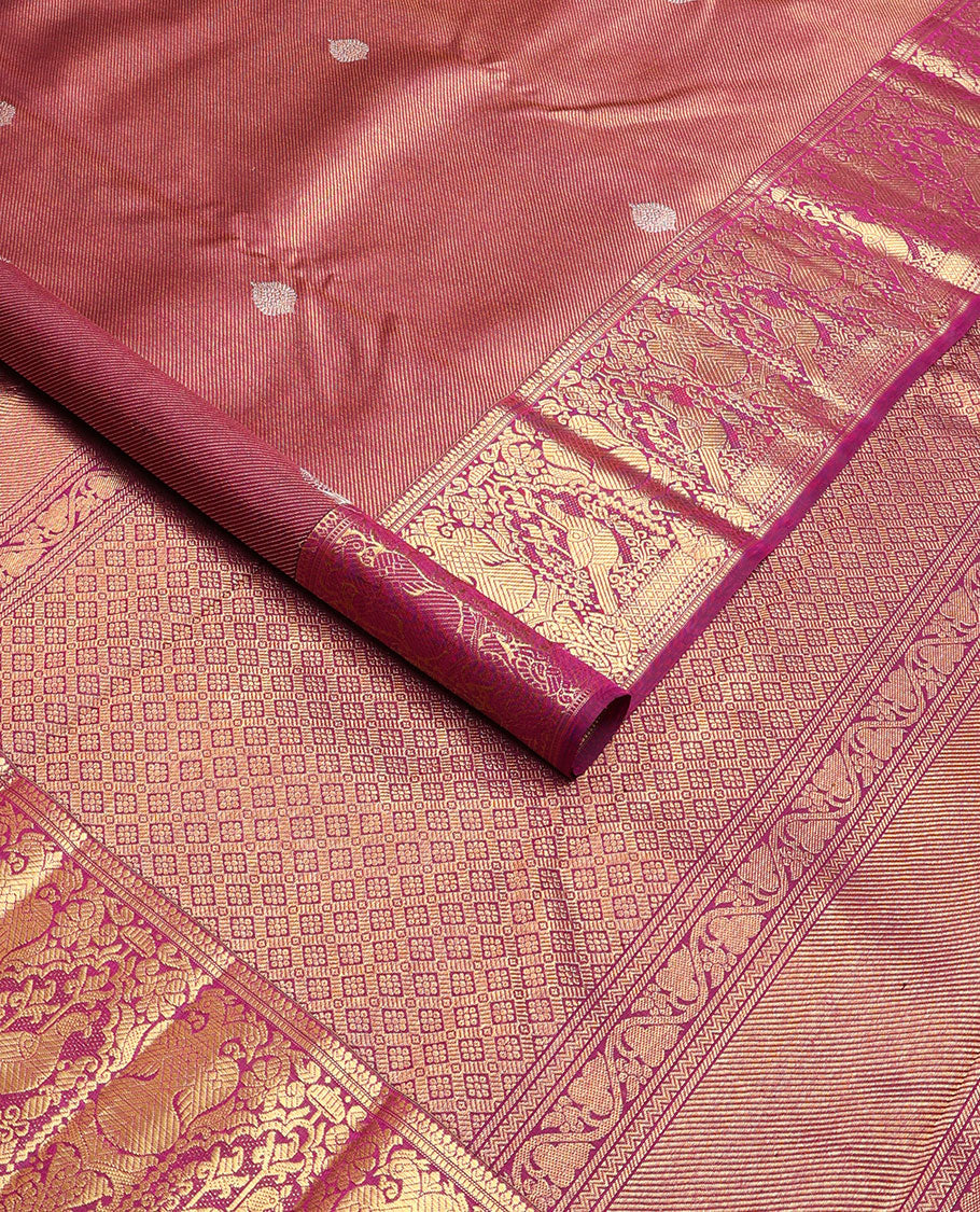 Maroon zari buttas silk saree, zari border of muthu, mayil kann, mayil, kili & iruthalai pakshi design & jaal pallu