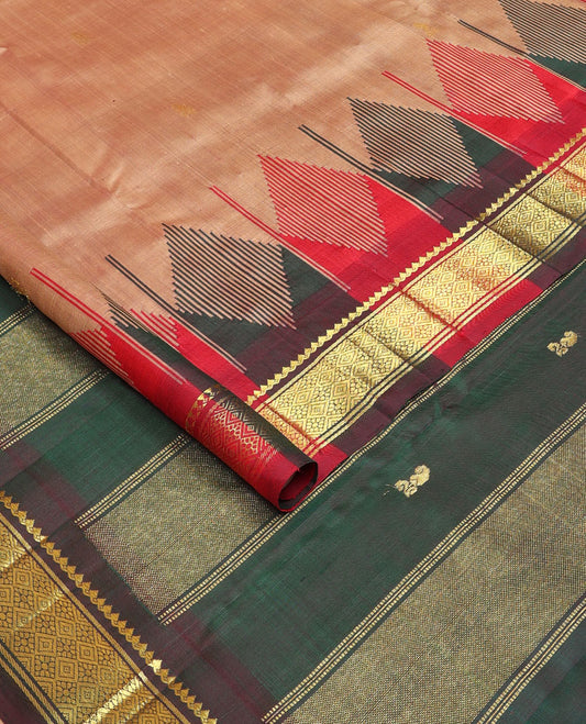 Sandal buttas kanchipuram silksaree, contrast one-sided rekku border of salngai & jaal designs & zari design pallu