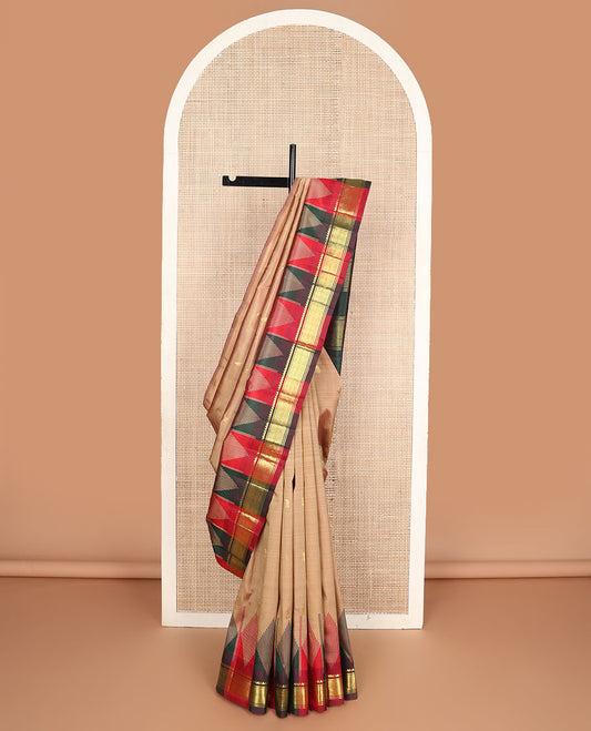 Sandal buttas kanchipuram silksaree, contrast one-sided rekku border of salngai & jaal designs & zari design pallu