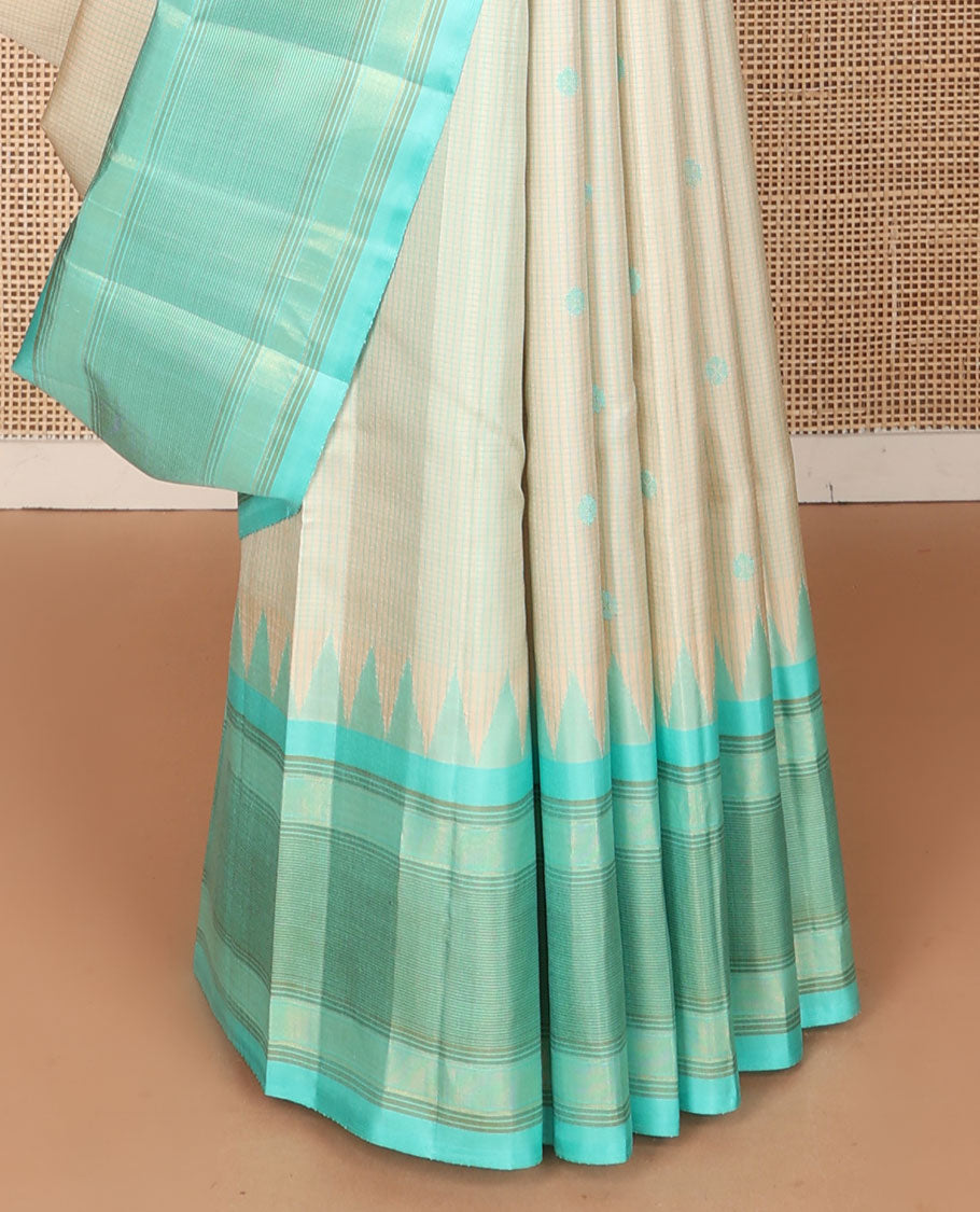 Grey micro-checked kanchipuram silk saree, contrast thazampoo rekku striped border & seppu rekku pallu