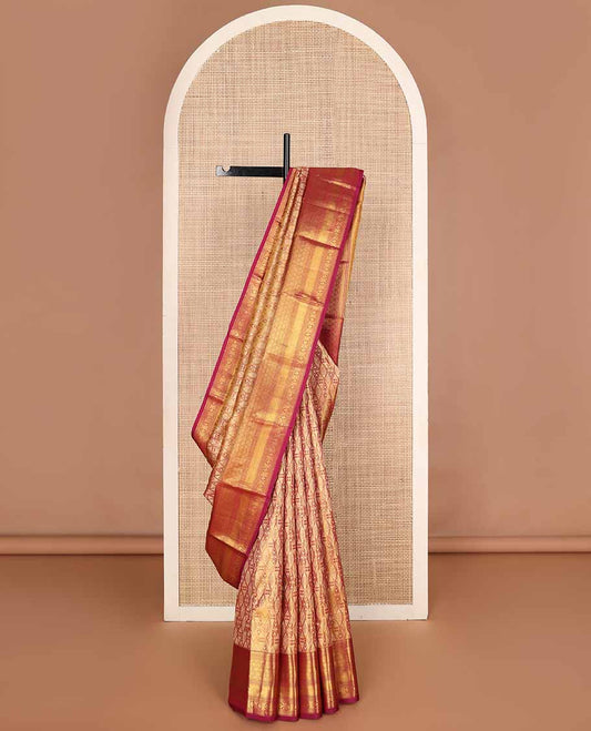 Red jacquard tissue silk saree, contrast border of rekku, ara maadam, jaal & kamalam designs & jaal pallu