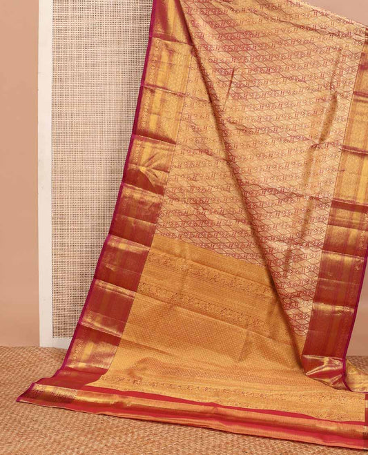 Red jacquard tissue silk saree, contrast border of rekku, ara maadam, jaal & kamalam designs & jaal pallu
