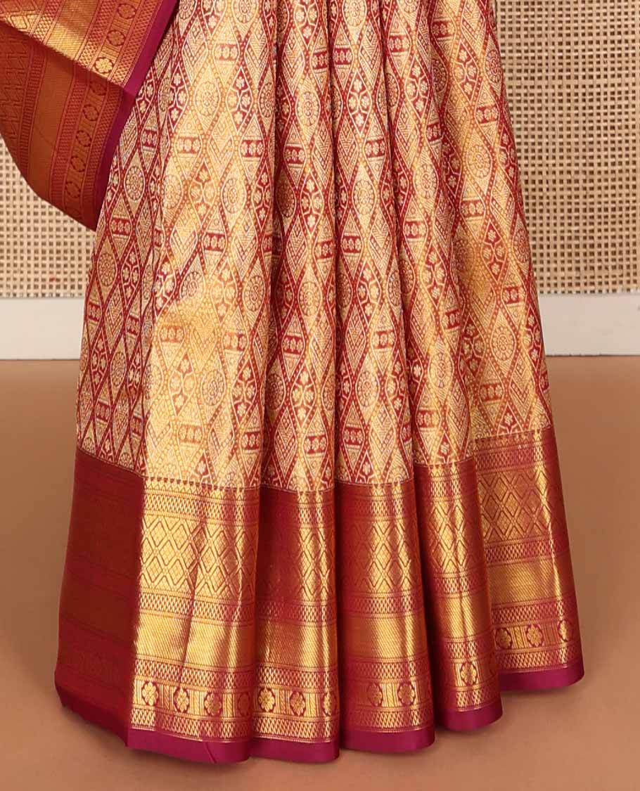 Red jacquard tissue silk saree, contrast border of rekku, ara maadam, jaal & kamalam designs & jaal pallu