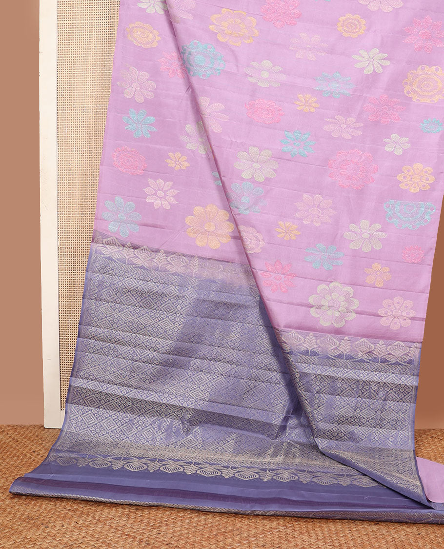 Borderless pink floral meenakari buttas Kanchipuram silk saree, contrast pallu of jaal designs