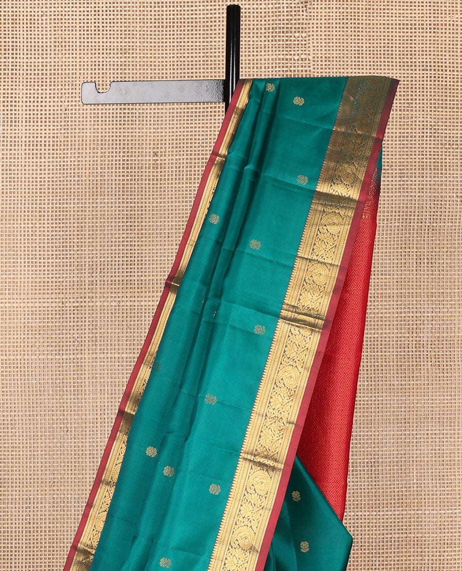 Green zari buttas Kanchipuram silk saree, contrast jaal pallu & border of thilakam,banaras,rettai neli & kodi visiry & mayil enclosed manga