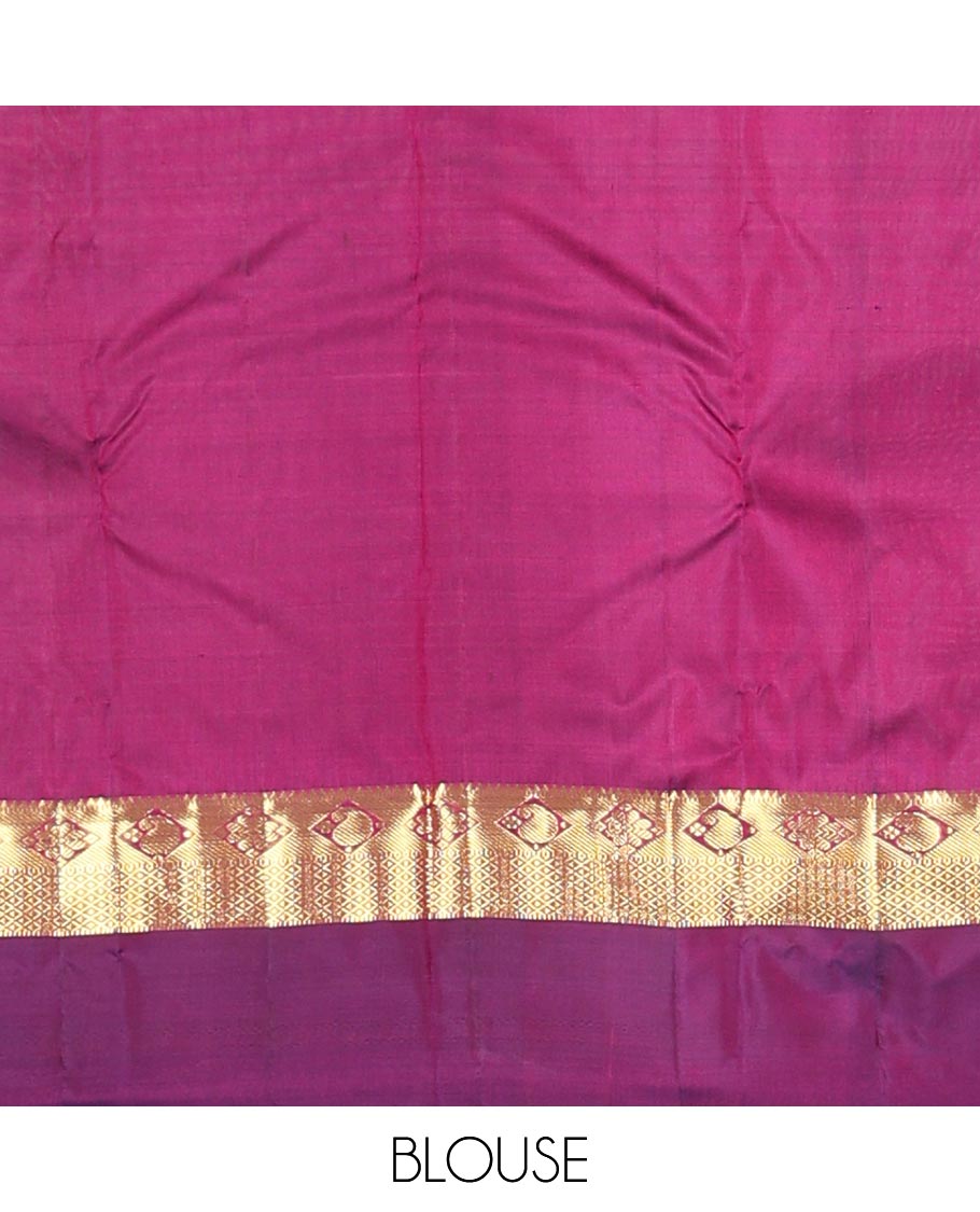 Blue zari buttas Kanchipuram silk saree, contrast border of thazampoo rekku,muthu,kamalam,manga, and kuyil kann, and zari design pallu
