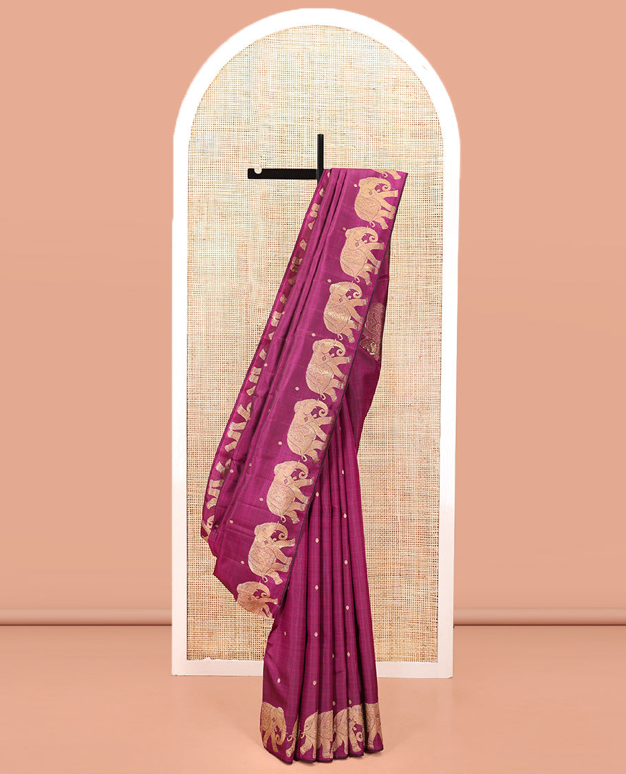 Borderless Purple Designer Silk Saree, Graced with Zari Buttas All Over Its Body, Highlighted by Elephant Motifs On Its Border, Grand Pallu and Paired with a Matching Blouse