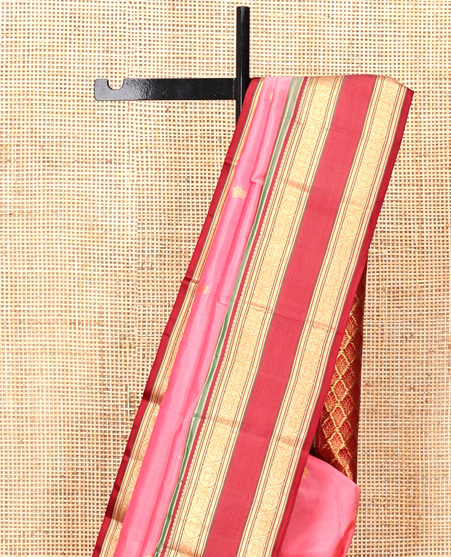 Pink Kanchipuram Silk Saree, Mesmerized with Buttas, Contrast Border of Muthu, Kathir, and Chakram Designs, Pallu of Intricate Design, and a Contrast Blouse