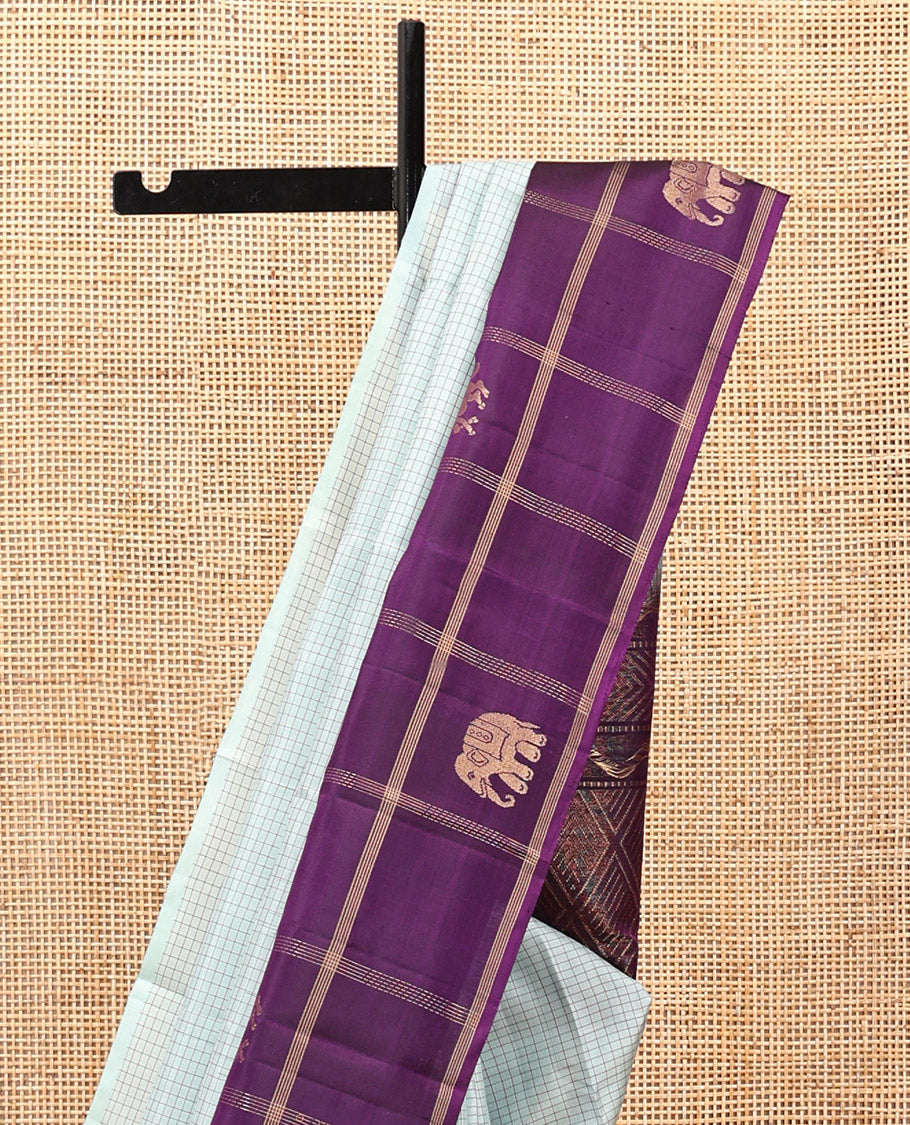 Grey Checked Kanchipuram Silk Saree, a Contrast Border of Butta Enclosed Checks, Jaal Pallu, and a Contrast Blouse