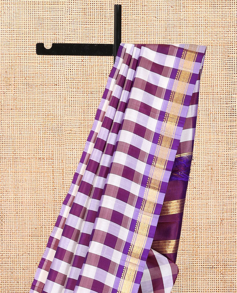 Multi-Color Checked Kanchipuram Silk Saree, Complemented by a Zari Border of Rekku, Banaras, and Jaal Design, Pallu of Zari Design, and No Blouse
