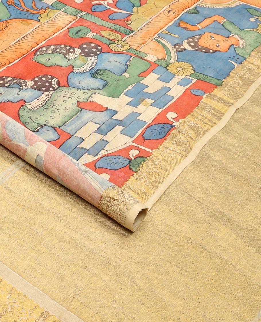 Multi-color ancient human motifs painted pen kalamkari silk saree, traditional zari border, and zari-rich jaal pallu