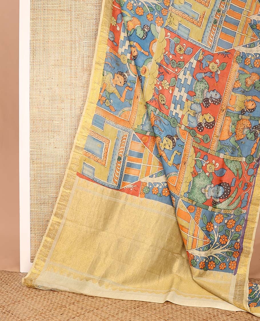 Multi-color ancient human motifs painted pen kalamkari silk saree, traditional zari border, and zari-rich jaal pallu
