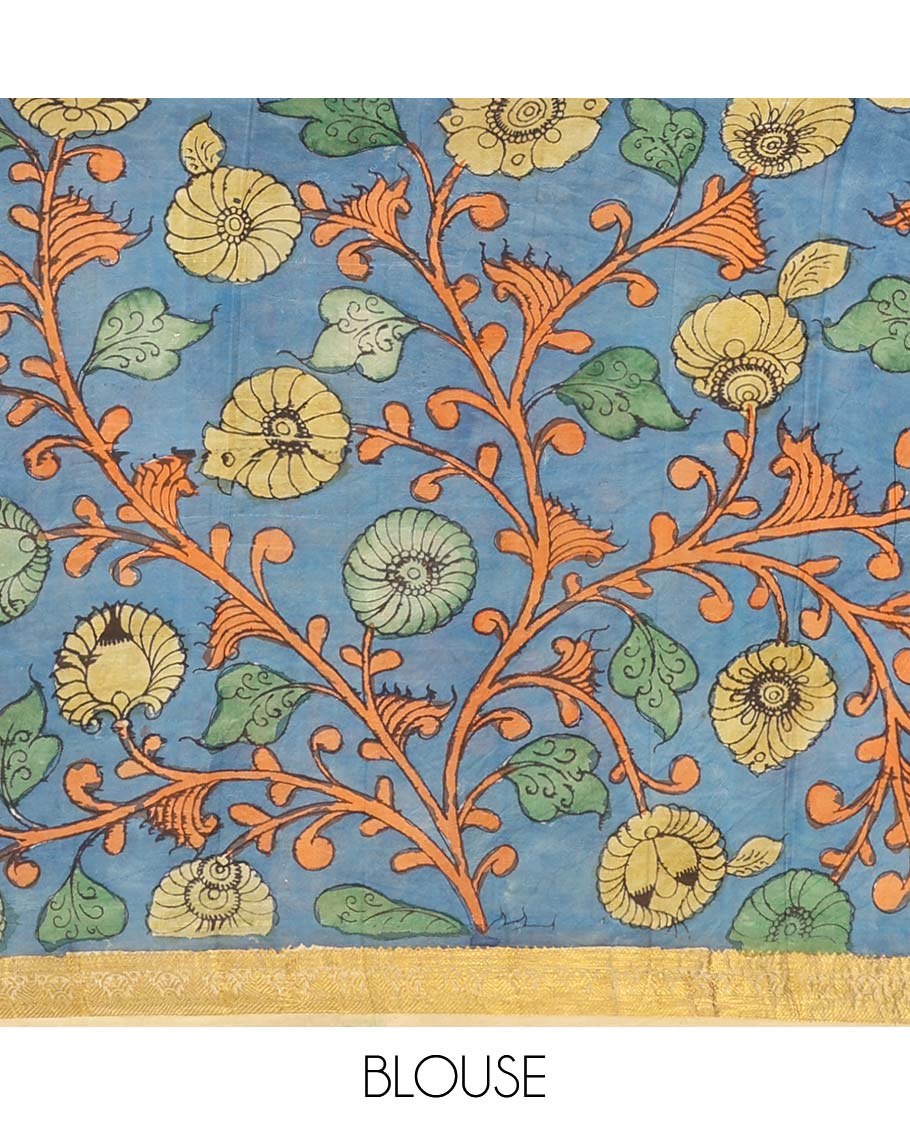 Multi-color ancient human motifs painted pen kalamkari silk saree, traditional zari border, and zari-rich jaal pallu