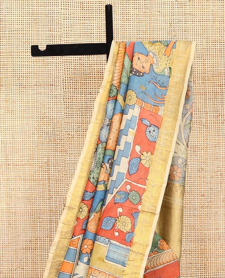 Multi-color ancient human motifs painted pen kalamkari silk saree, traditional zari border, and zari-rich jaal pallu
