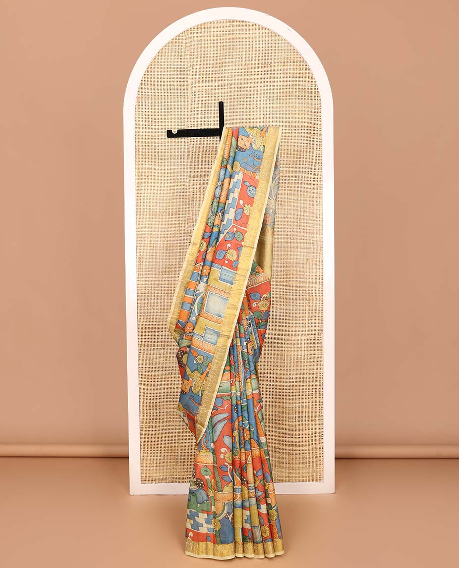 Multi-color ancient human motifs painted pen kalamkari silk saree, traditional zari border, and zari-rich jaal pallu