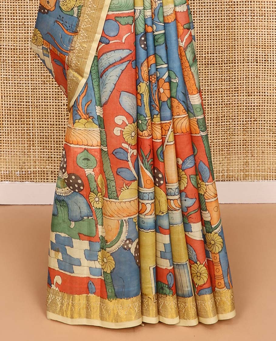 Multi-color ancient human motifs painted pen kalamkari silk saree, traditional zari border, and zari-rich jaal pallu