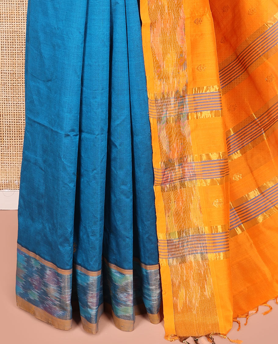 Blue Plain Kuppadam Cotton Saree, Complemented by a Contrast Ikkat Textured Border, Captivating Contrast Pallu of Stripes, and Paired with a Contrast Blouse