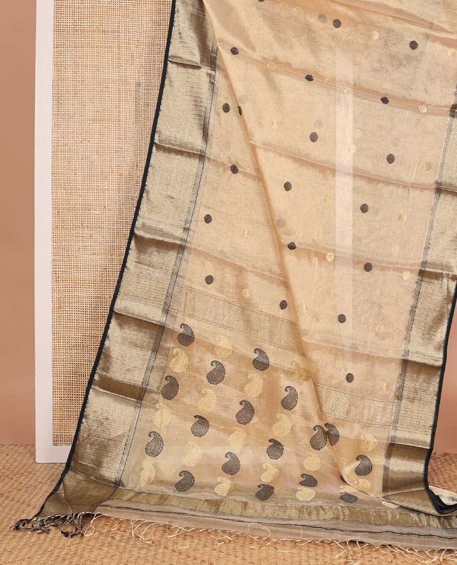Sandal buttas Mageshwari cotton saree, contrast chevron zari striped border, and pallu steeped with paisleys
