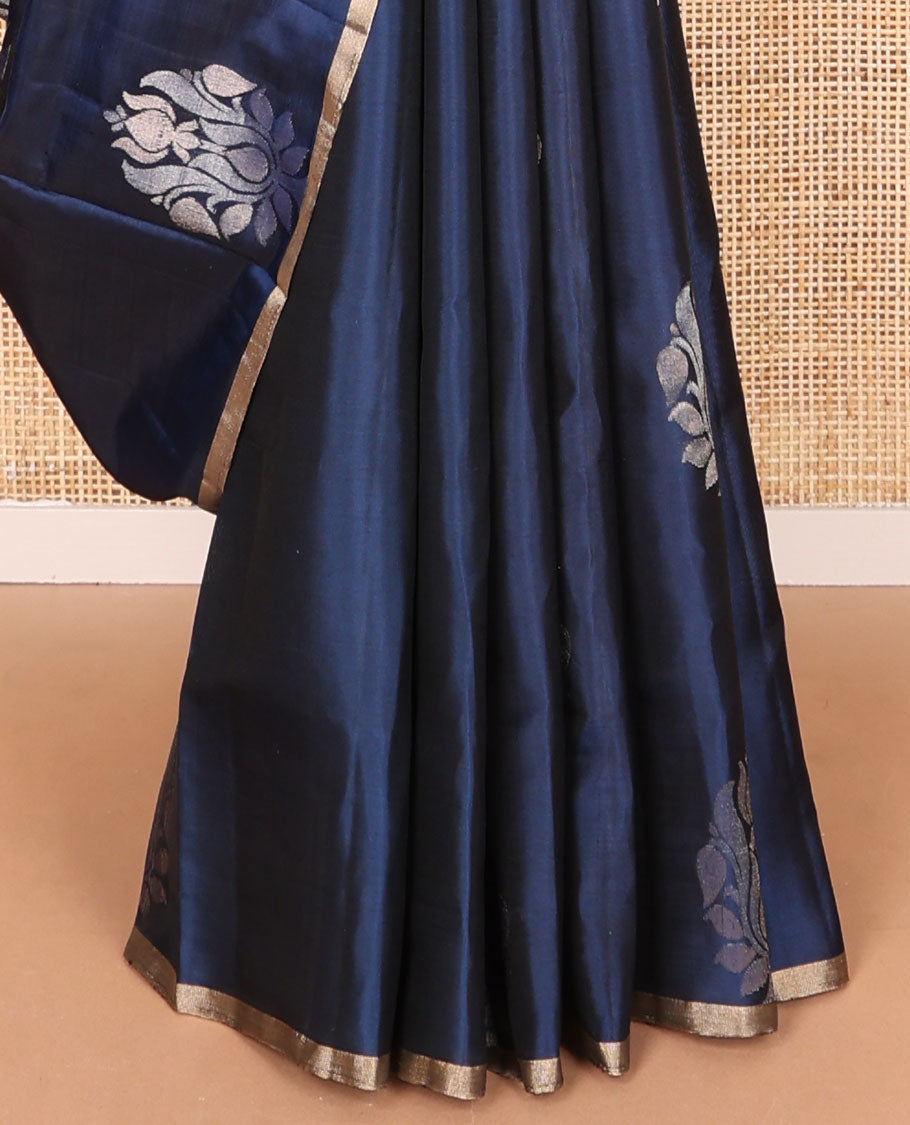 Dark blue floral buttas mayuri soft silk saree with self zari border & floral jaal design pallu