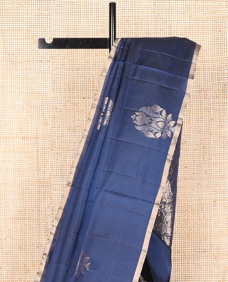 Dark blue floral buttas mayuri soft silk saree with self zari border & floral jaal design pallu