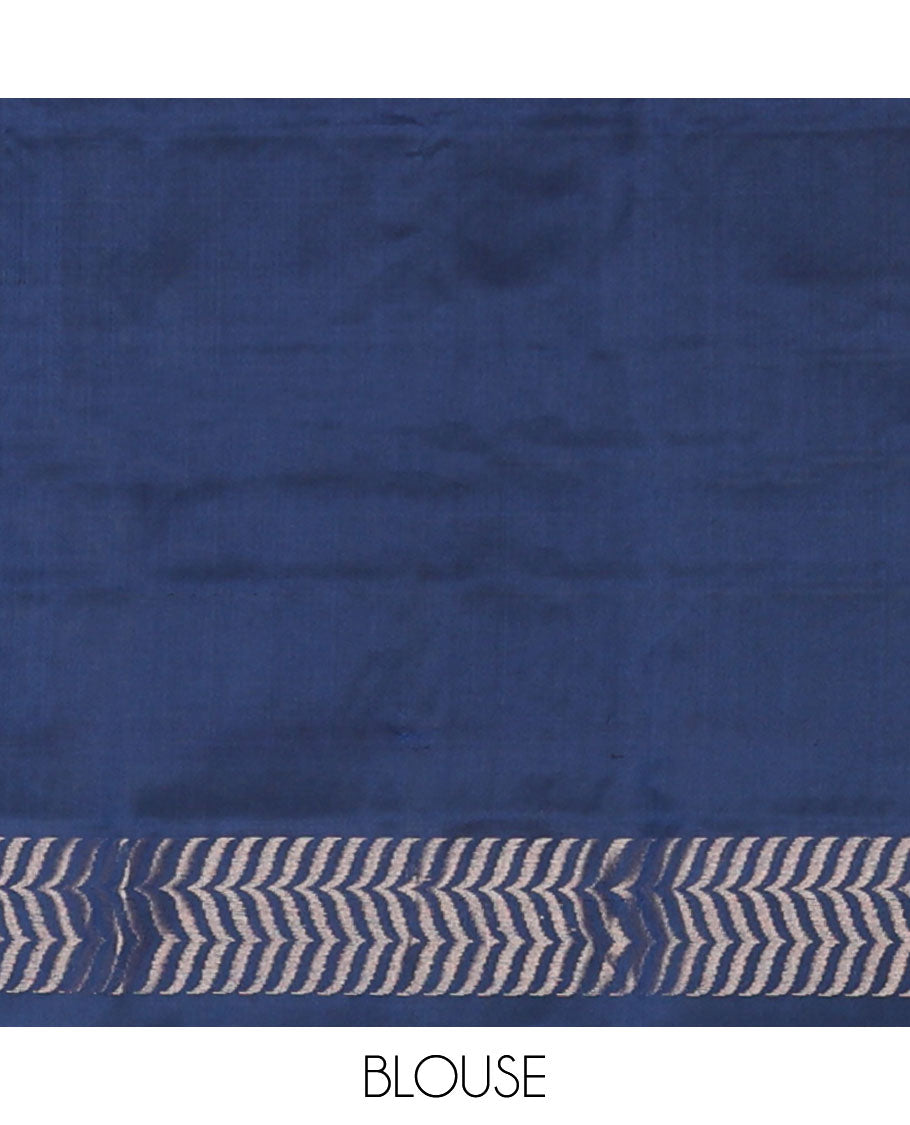Dark blue floral buttas mayuri soft silk saree with self zari border & floral jaal design pallu