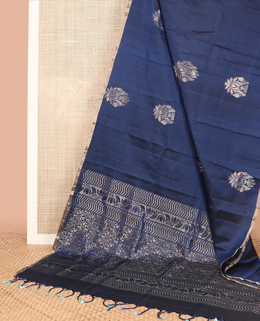 Dark blue floral buttas mayuri soft silk saree with self zari border & floral jaal design pallu