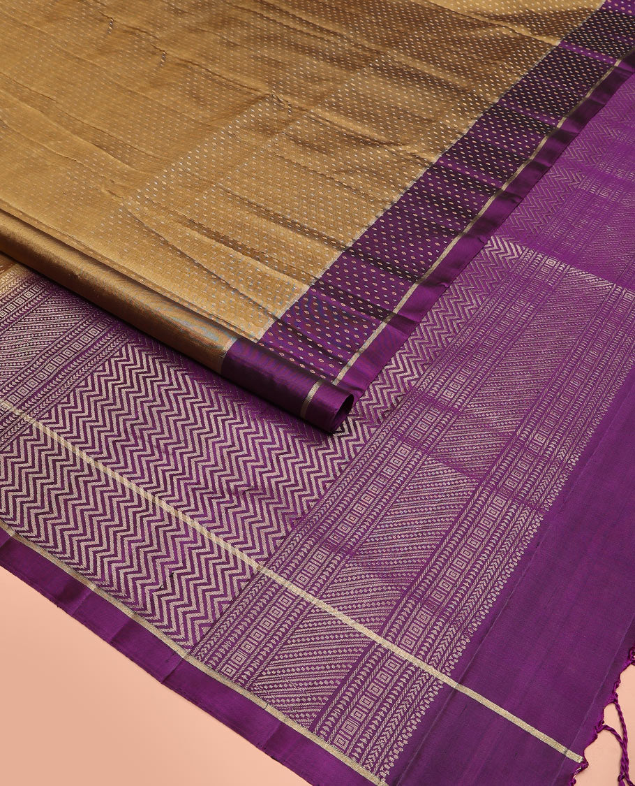 Mehendi green buttas soft silk saree, contrast buttas woven border, and pallu of geometric patterns