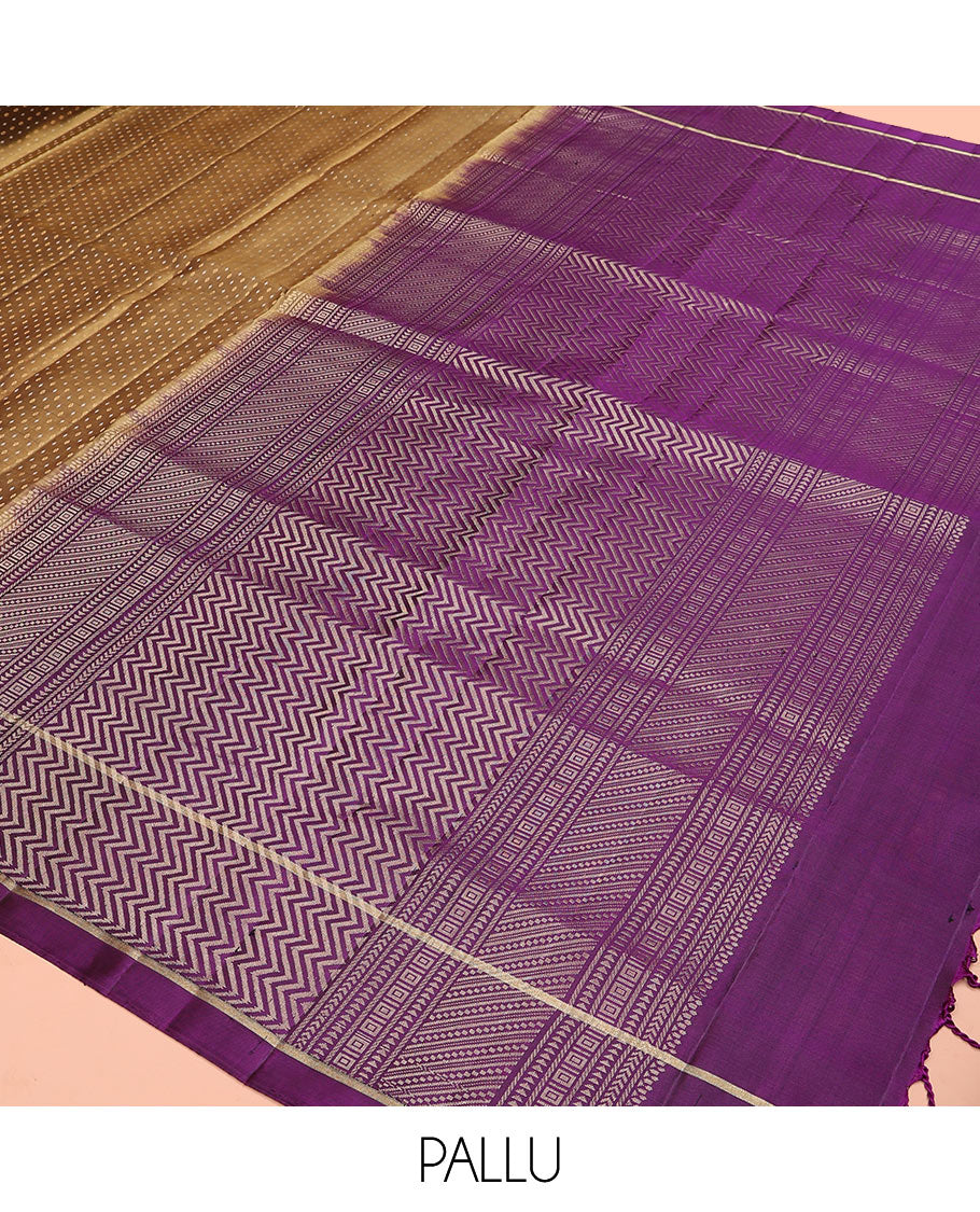 Mehendi green buttas soft silk saree, contrast buttas woven border, and pallu of geometric patterns