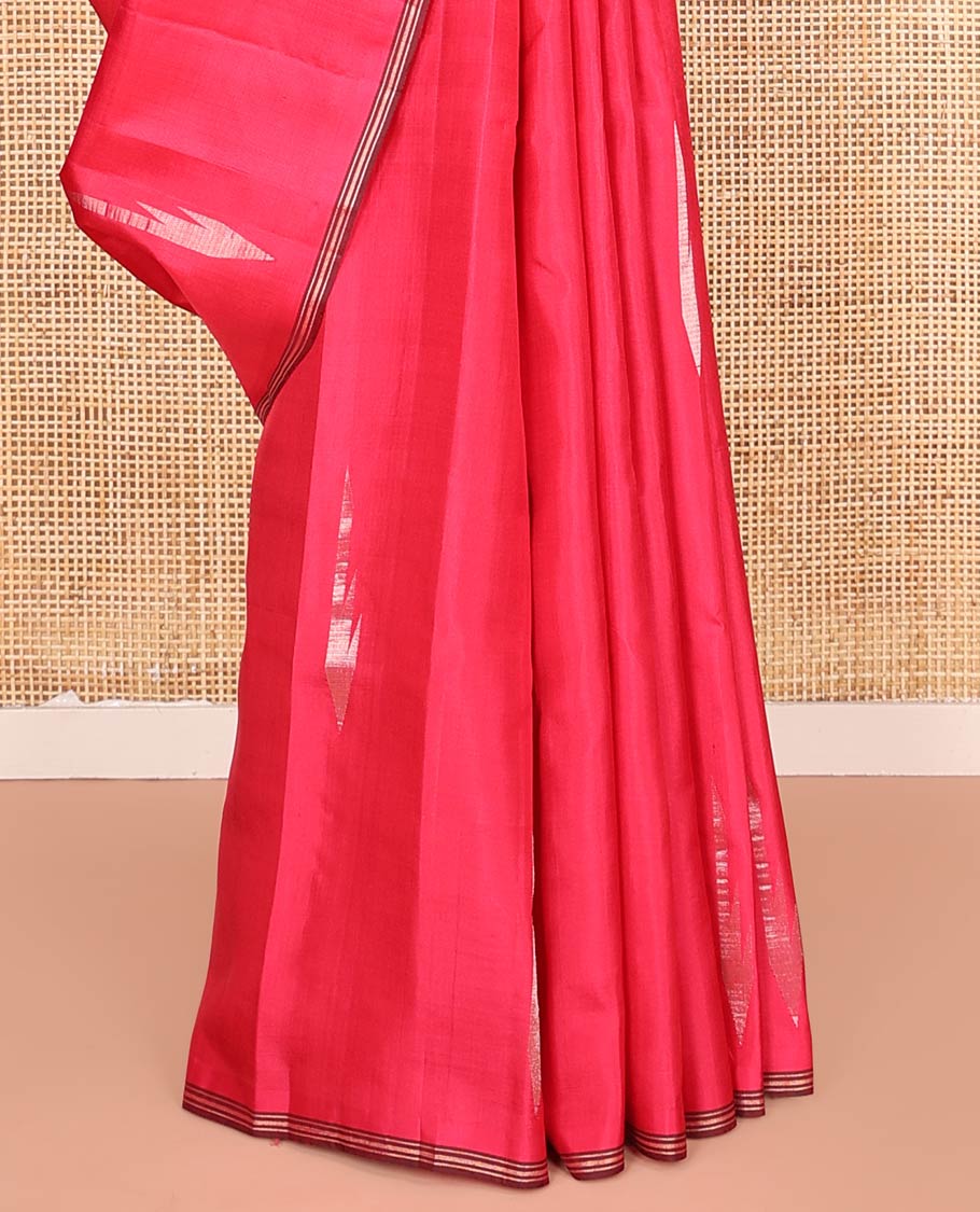 Red Mayuri Soft Silk Saree Adorned with Zari Buttas, Complemented by a Contrast Piping Border, Pallu Steeped with Diamond Buttas, and Paired with a Contrast Zari Buttas Blouse
