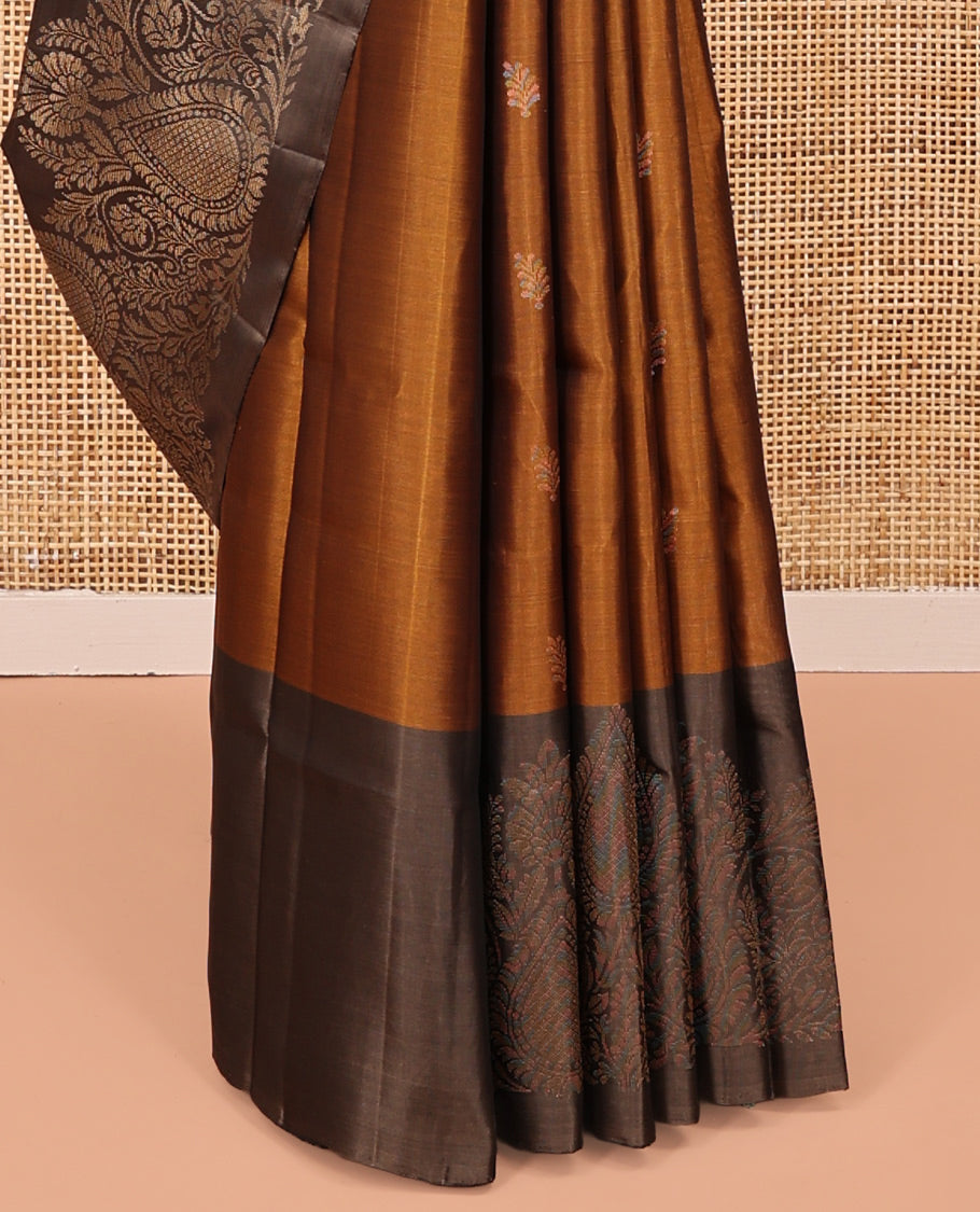 Mustard Mayuri Soft Silk Saree, Sparsely Woven with Buttas All Over the Body, Complemented by a Contrast Unique Design Border, Pallu of Jaal Designs, and Paired with a Contrast Blouse