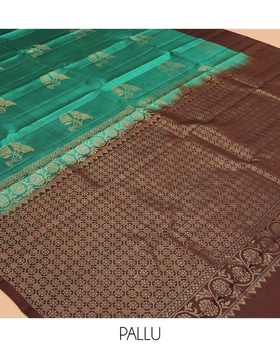 Green Mayuri Lite Silk Mix Saree, Sparsely Sparkled with Zari Buttas, Contrast Zari Buttas Border, Jaal Pallu, and a Contrast Blouse