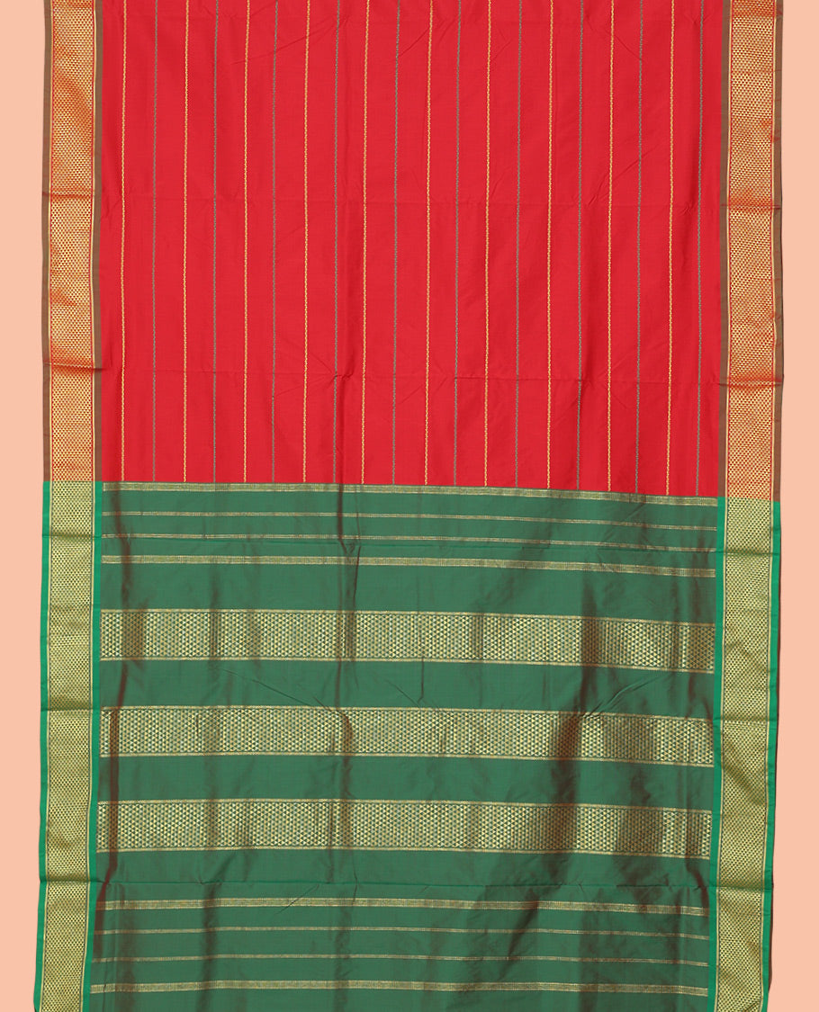 Red Neli Striped Ten-Yard Saree, Complemented by a Contrast Ara Maadam Border, Contrast Pallu of Stripes, and No Blouse