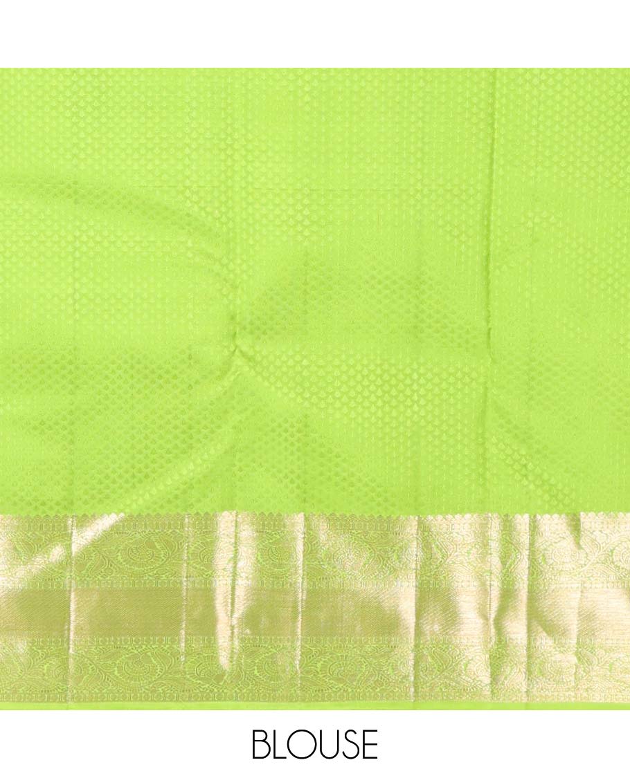 Green floral design silk saree with self border of thilakam mokku, paun, kodi visiry, banaras design & zari design pallu
