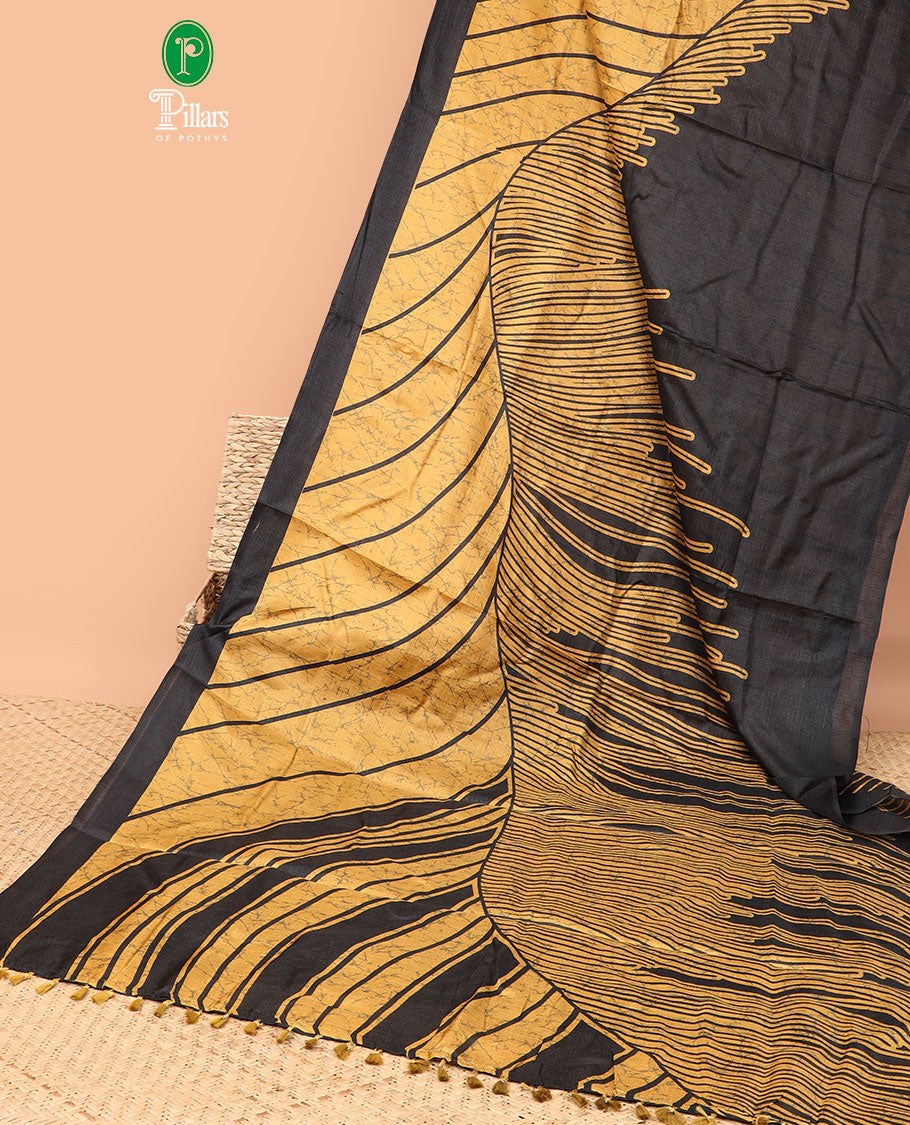 Black & mustard abstract black ground design khadhi silk saree with lariya border & lariya blouse