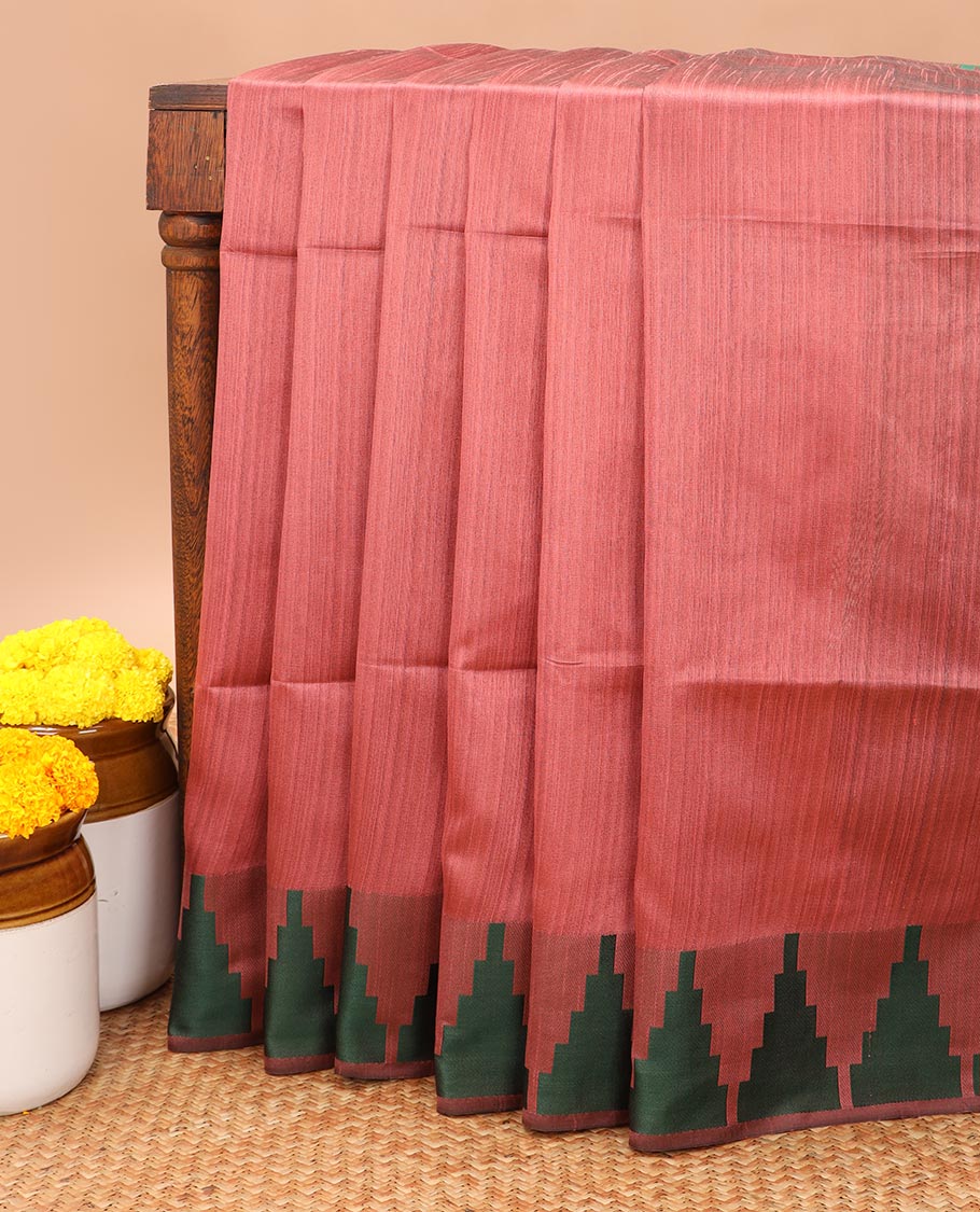 Onion pink semi jute saree with contrast temple border & striped pallu alog with contrast blouse