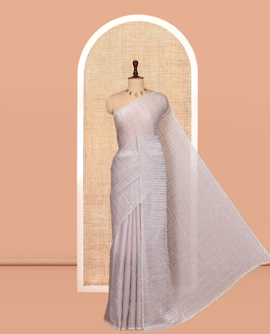 Dusky Lavender Fendi Chiffon Saree, Bead Embroidery, a Scalloped Border, a Matching Blouse
