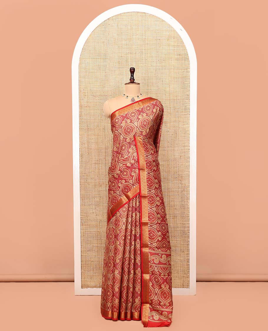 Red Printed Silk Saree, Elegantly Highlighted with Intricate Prints, Highlighted by a Traditional Zari Border, Printed Pallu, and a Matching Blouse