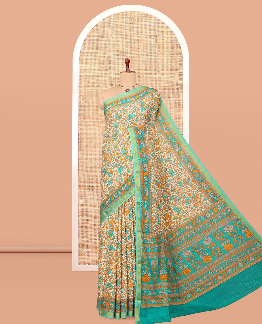 Sandal Printed Silk Saree, Elevated with Floral Vine Print, a Contrast Traditional Zari Border, Floral Pallu, and a Contrast Blouse