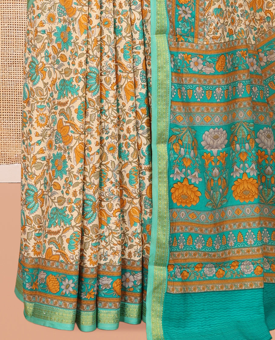 Sandal Printed Silk Saree, Elevated with Floral Vine Print, a Contrast Traditional Zari Border, Floral Pallu, and a Contrast Blouse