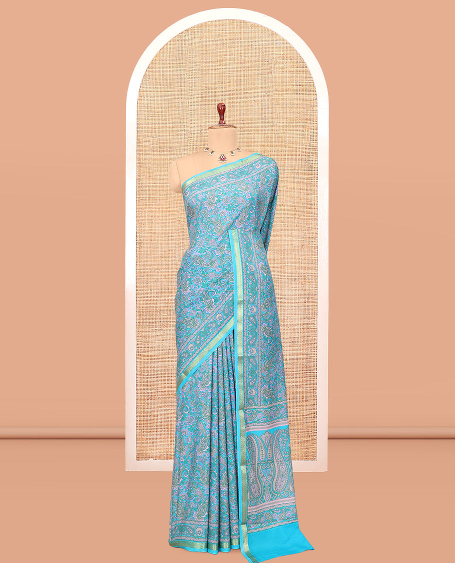 Blue Printed Silk Saree, Bedecked with Paisley Print, a Zari Border, Paisley Printed Pallu, and a Matching Blouse