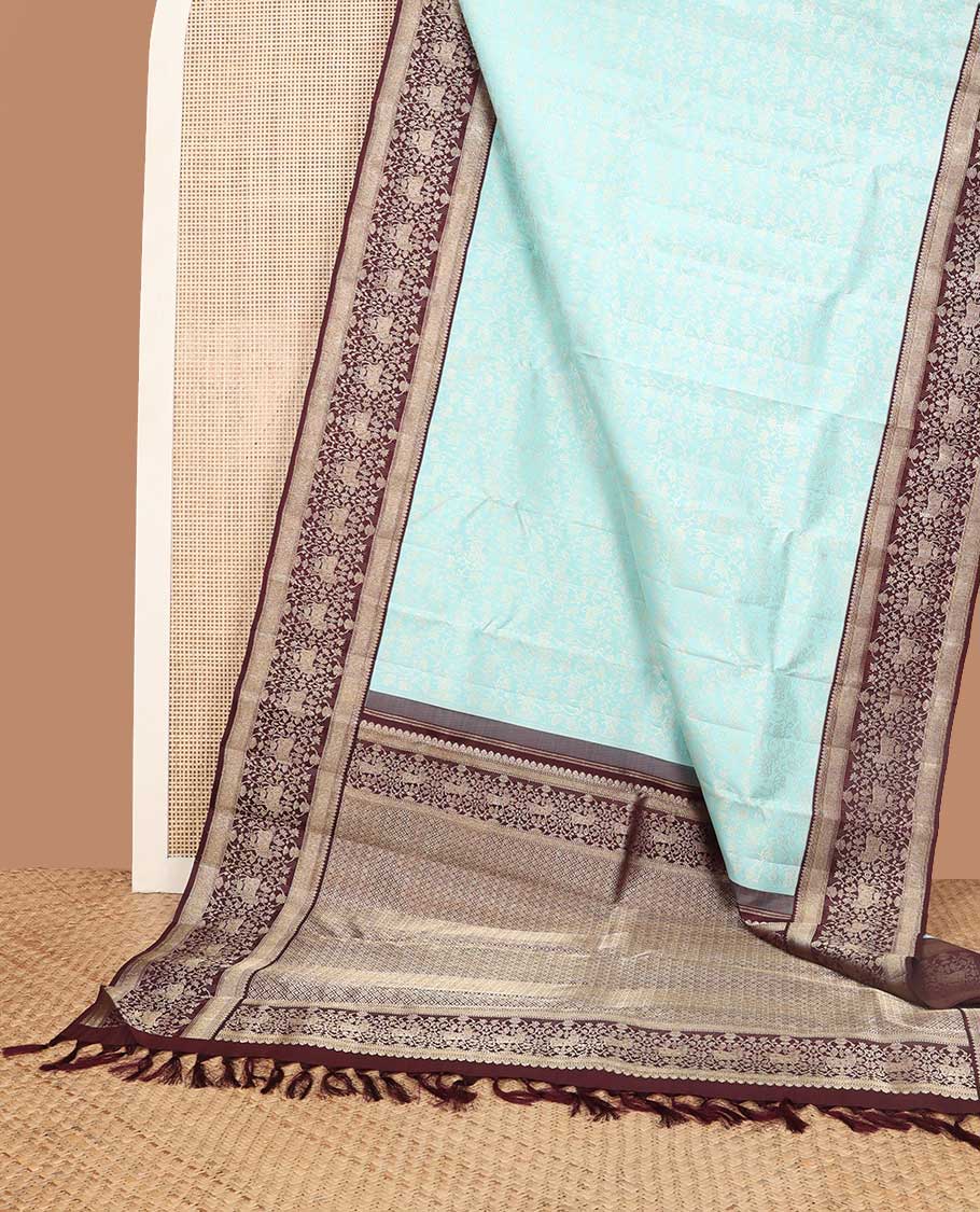 light blue floral jacquard silk saree with contrast zari design border & argyle design pallu