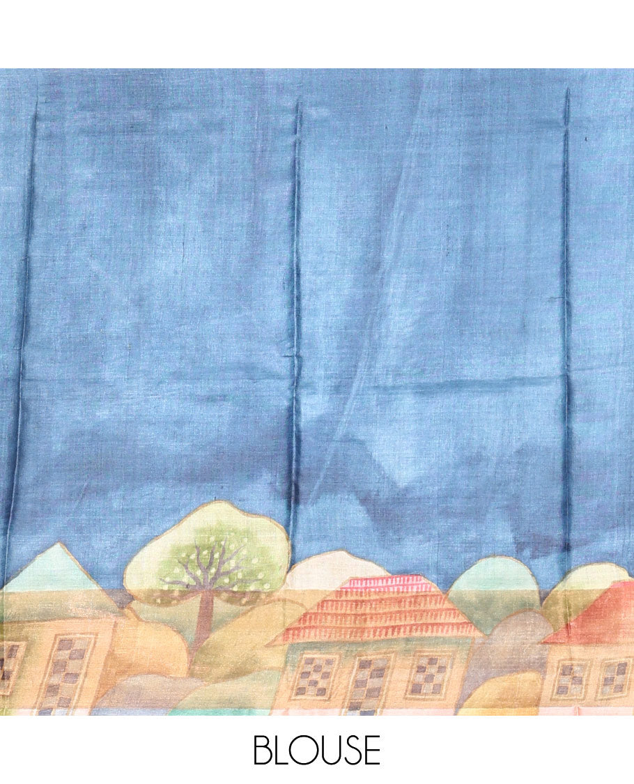 Borderless Multi-Color Checked Tussar Saree Made Spotlighted with a Contrast Pallu Featuring a House Scenery Print, Along with a Contrast House Scenery Printed Blouse