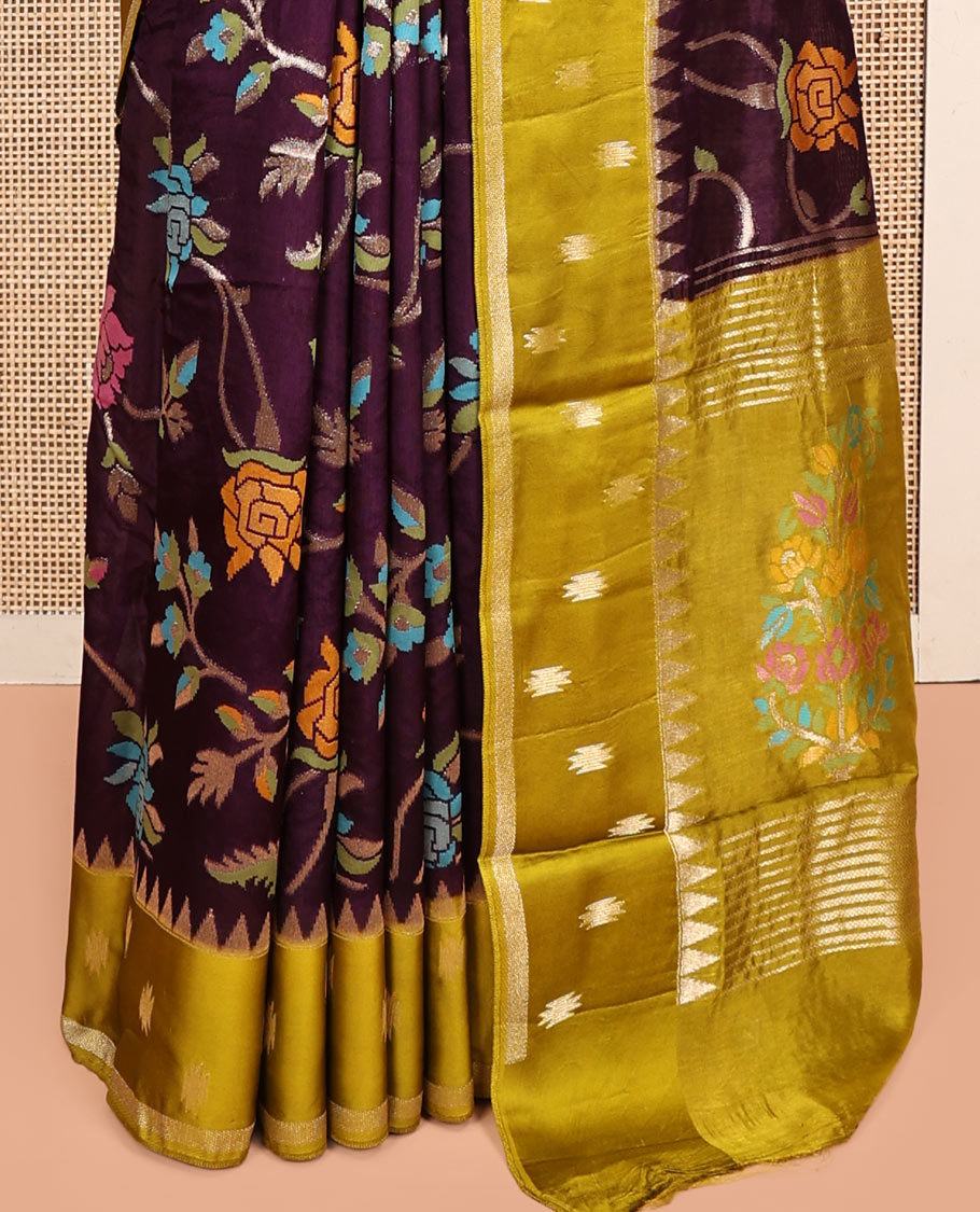 Wine Matka Silk Saree, Richly Detailed with Meenakari Floral Vine Design All Over Its Body, Complemented by Contrast Temple Border of Buttas, Pallu of Floral Designs, and Paired with Contrast Blouse