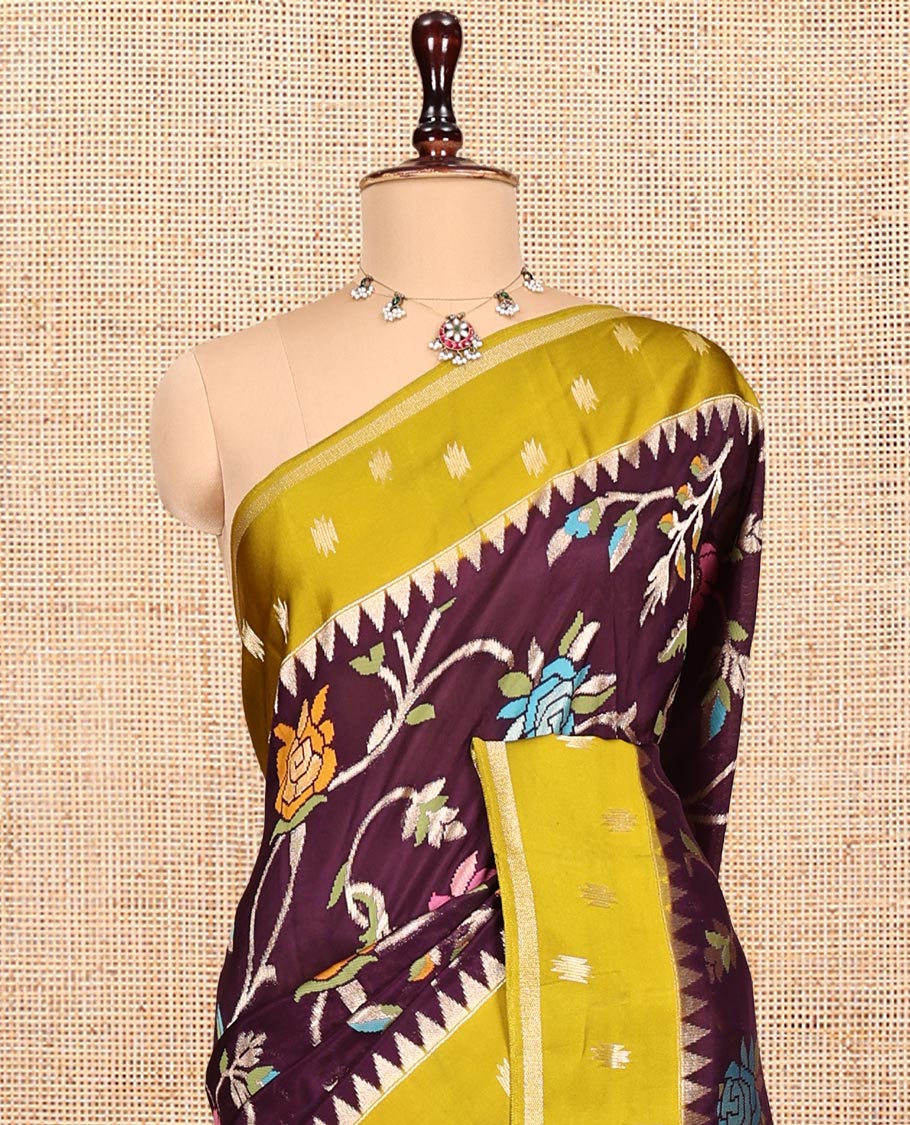 Wine Matka Silk Saree, Richly Detailed with Meenakari Floral Vine Design All Over Its Body, Complemented by Contrast Temple Border of Buttas, Pallu of Floral Designs, and Paired with Contrast Blouse