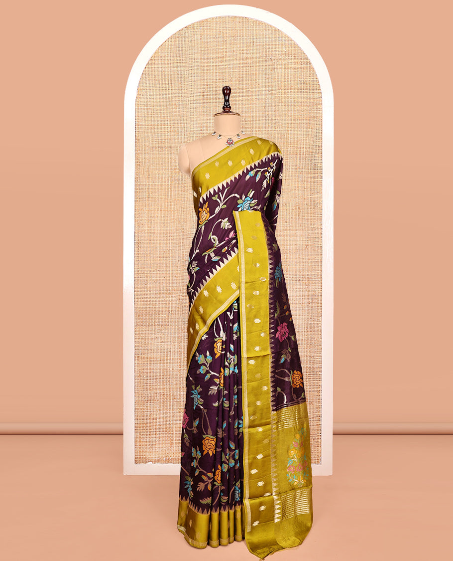 Wine Matka Silk Saree, Richly Detailed with Meenakari Floral Vine Design All Over Its Body, Complemented by Contrast Temple Border of Buttas, Pallu of Floral Designs, and Paired with Contrast Blouse
