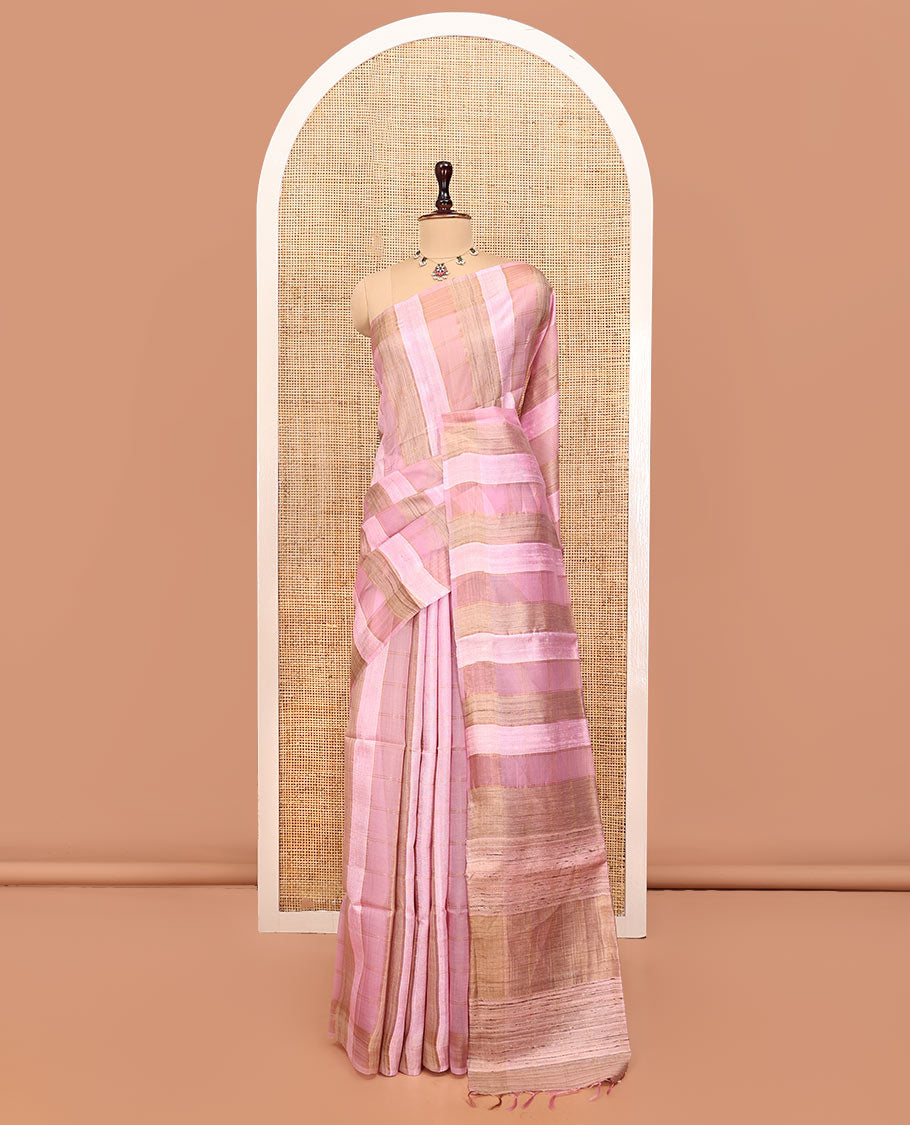 Pink Tussar Silk Saree, Highlighted by Stripes and Checks, a Self-Border, a Heathered Pallu, and a Matching Blouse